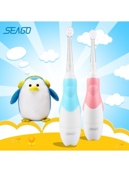 Cartoon penguin, LED light children's sonic electric toothbrush (3-12 years old) children's soft bristle brush head (battery type)
