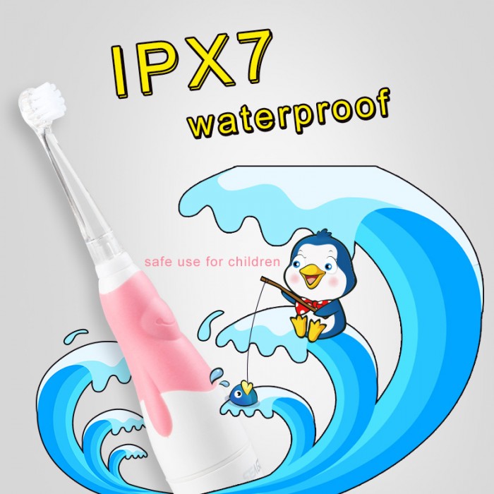 Cartoon penguin, LED light children's sonic electric toothbrush (3-12 years old) children's soft bristle brush head (battery type)