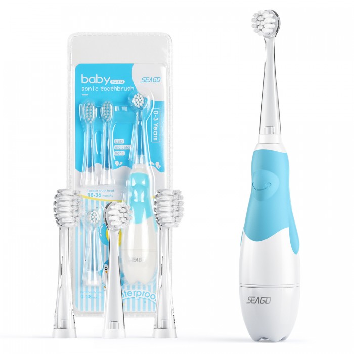 Cartoon penguin, LED light children's sonic electric toothbrush (3-12 years old) children's soft bristle brush head (battery type)