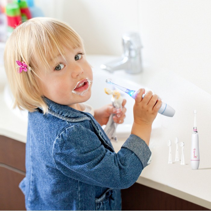 Penguin LED light children's sonic electric toothbrush (3-12 years old), children's soft bristle brush head (battery type)