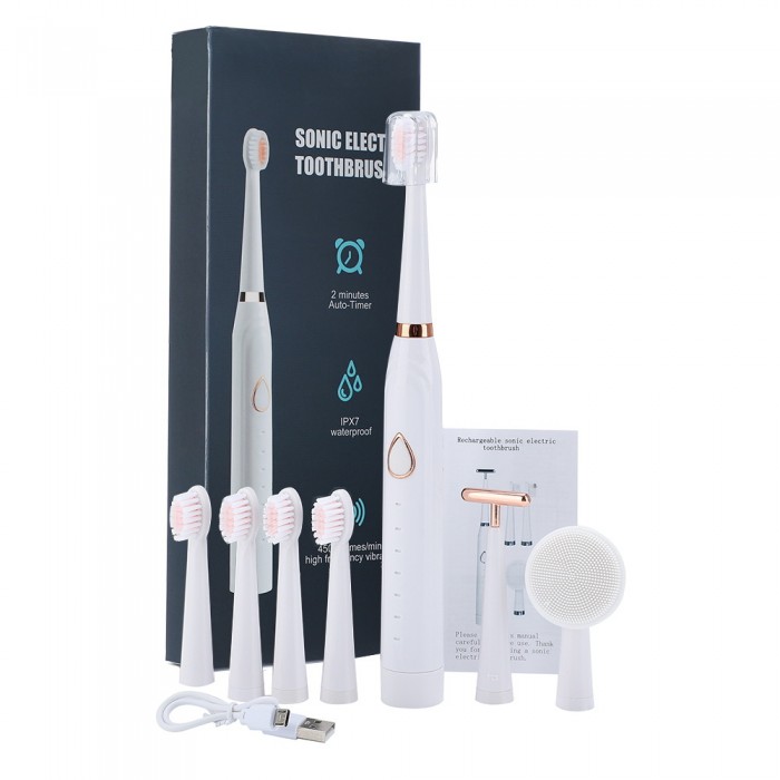 Three-in-one, six-speed adjustable soft-bristle electric toothbrush, suitable for men and women (USB rechargeable)